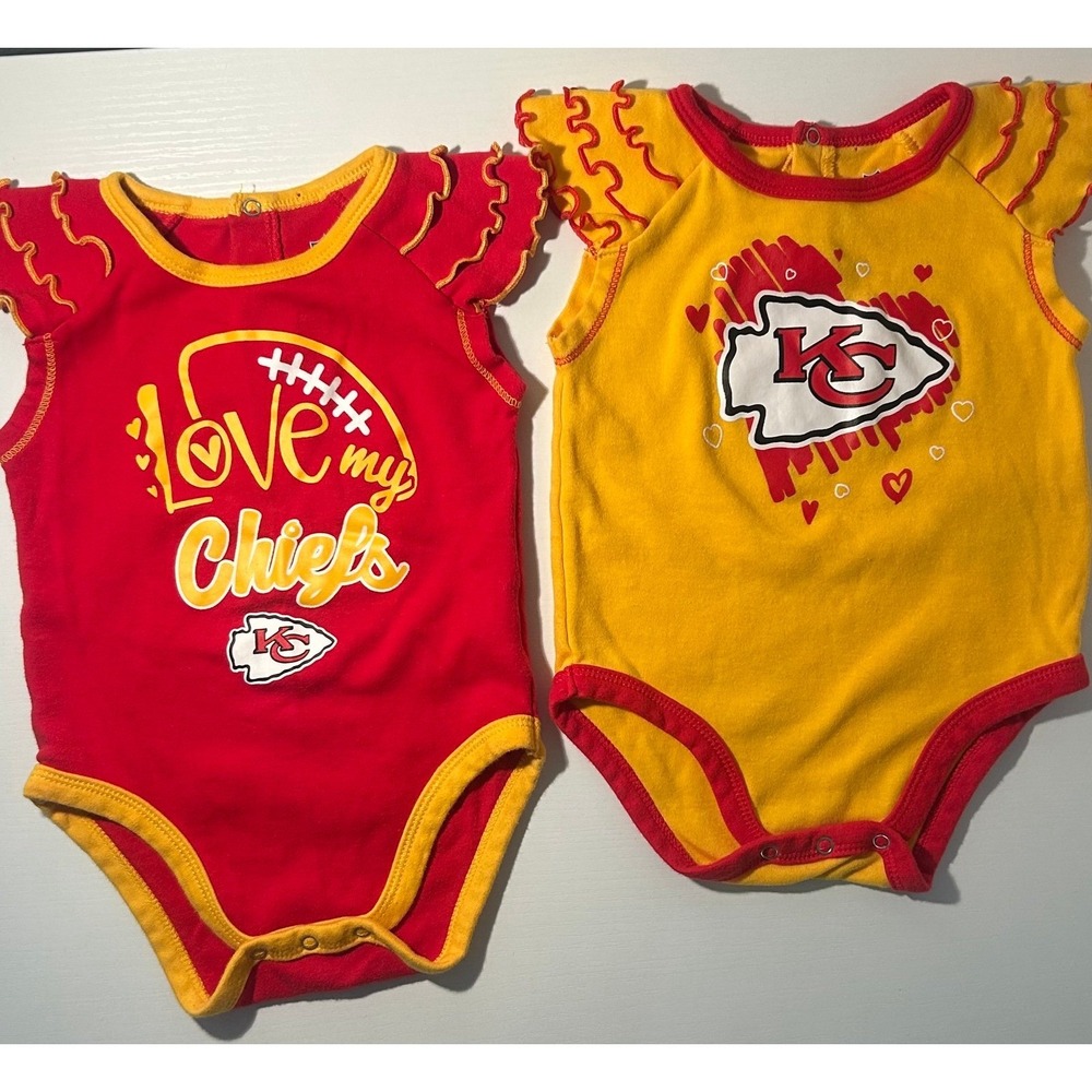 2 Baby Girl Kansas City Chiefs Football Onesies Outfits 6-9 Months Red & Yellow